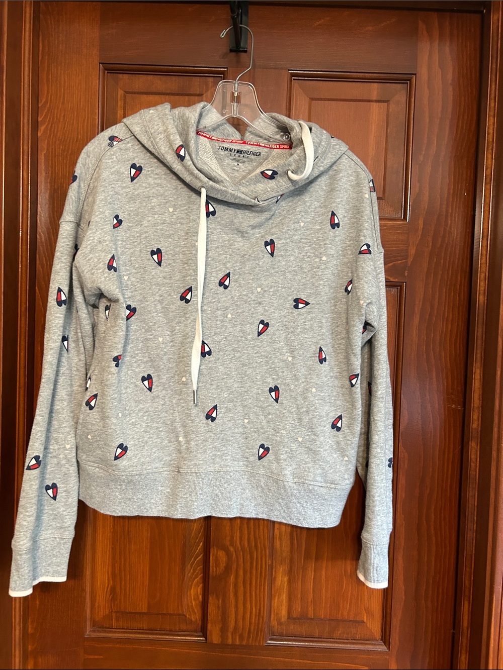 Tommy Hilfiger Gray Hoodie Sweater with Red & Blue Heart Accents